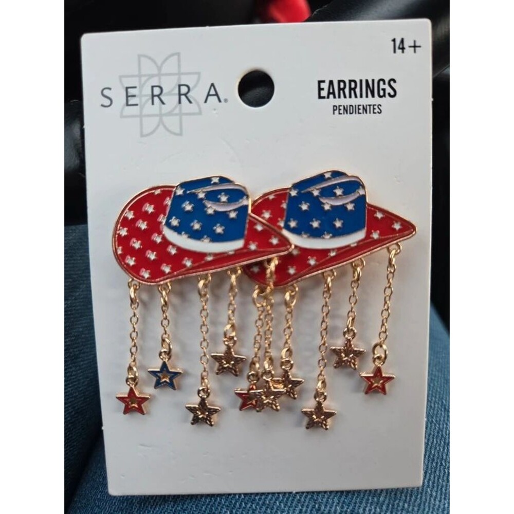 Serra Cowgirl hat stars earrings red white blue gold-tone